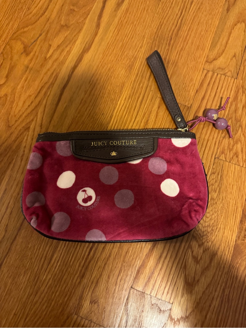 Authentic Y2K Juicy Couture Maroon and Pink Polka Dot Cherry Wristlet Clutch